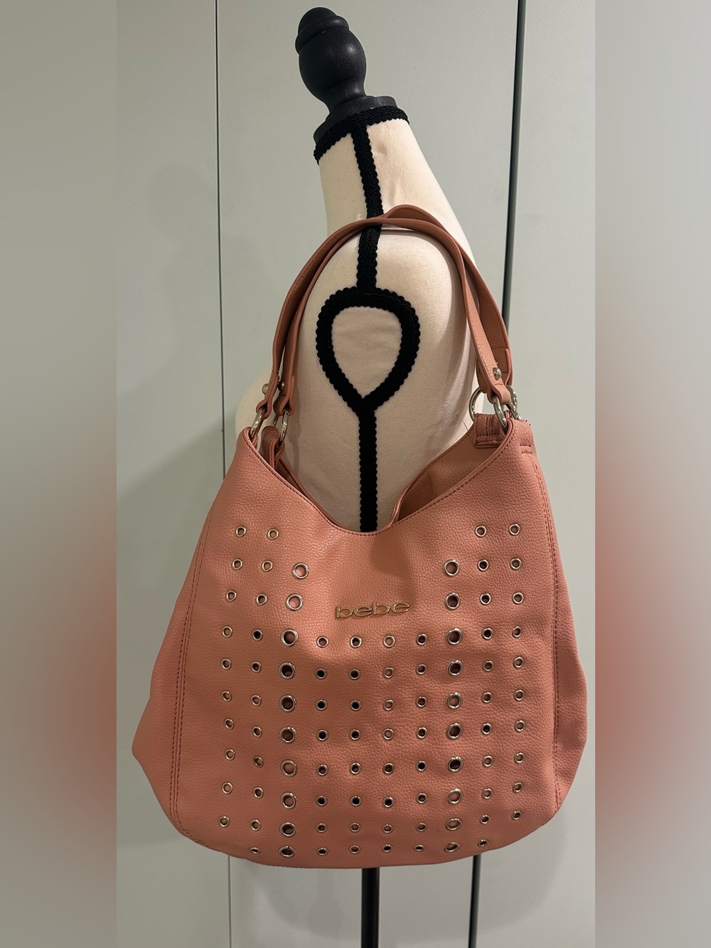 BEBE Size M Pink Y2K Silver & Gold Studded Faux Leather Versatile Shoulder Tote